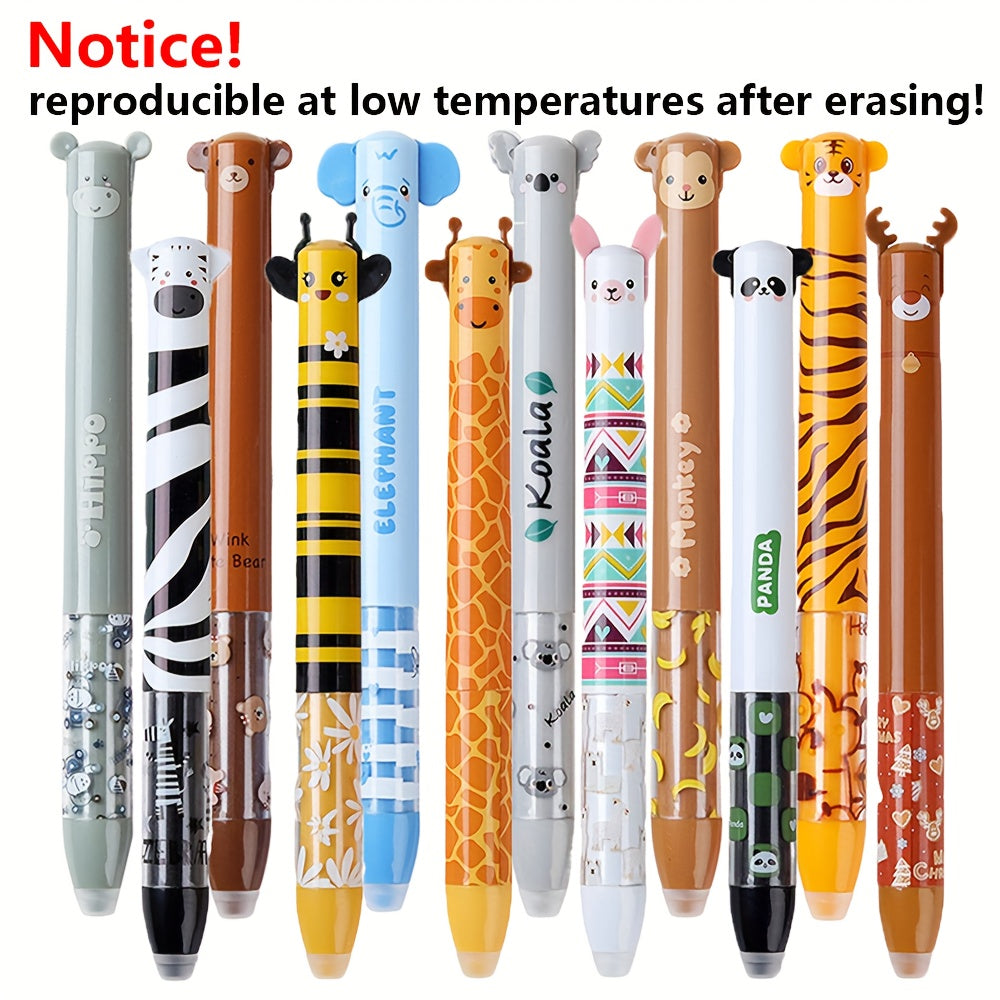 12pcs Erasable Neutral Marker Pen with Thermal Eraser Ink, Various Ink Colors And Barrel Design, 0.7mm Nib, Animal Shape