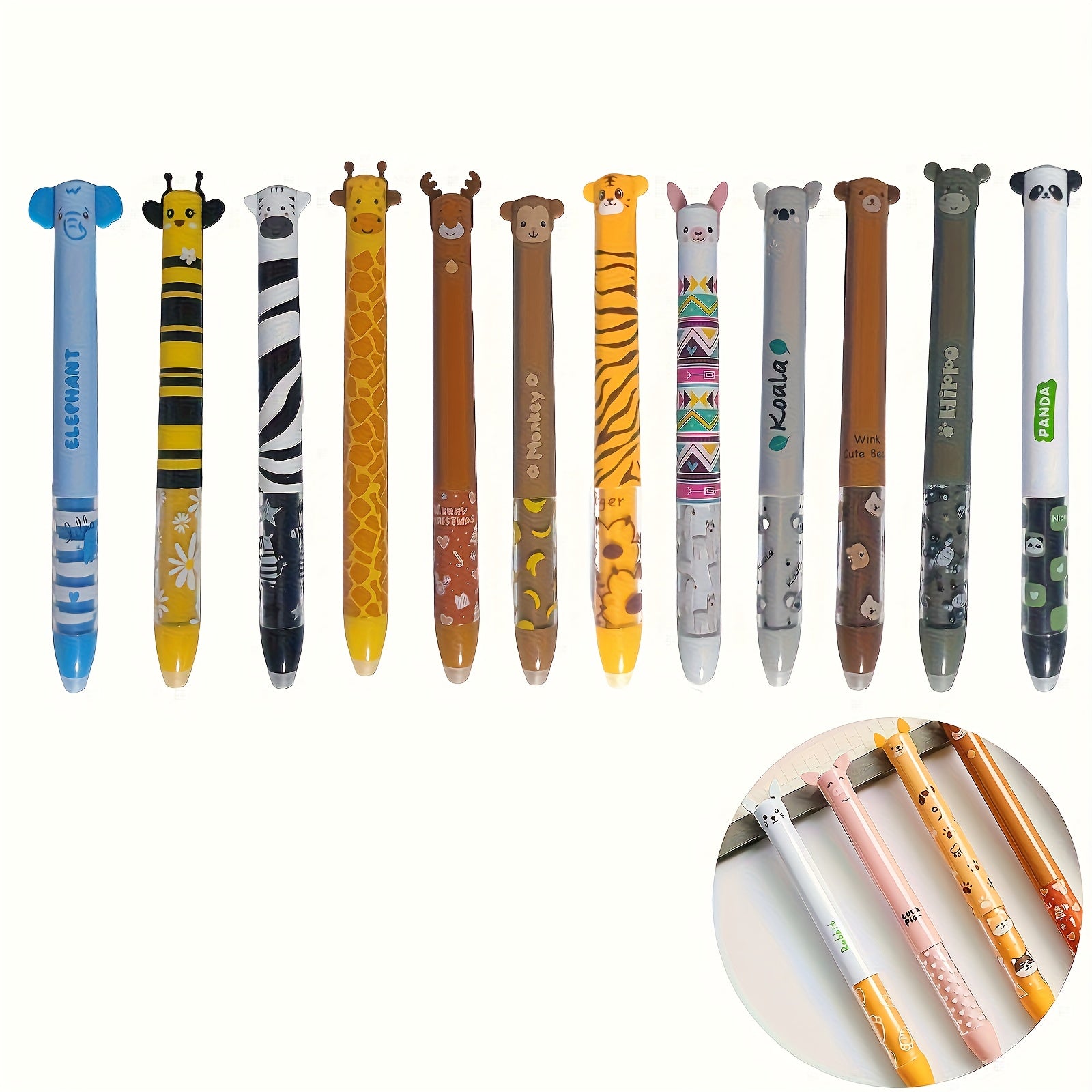 12pcs Erasable Neutral Marker Pen with Thermal Eraser Ink, Various Ink Colors And Barrel Design, 0.7mm Nib, Animal Shape